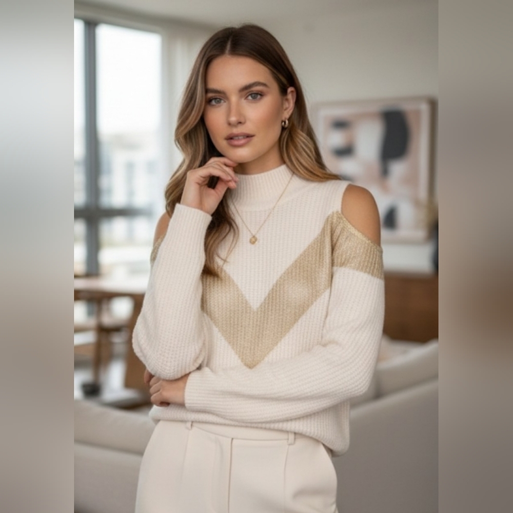 ZOË JORDAN Galileo Wool Cashmere Cold Shoulder Sweater XS Ivory Gold NWOT